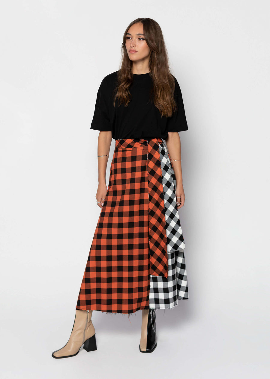 KARA Checked Colour-block Wrap Skirt - Orange