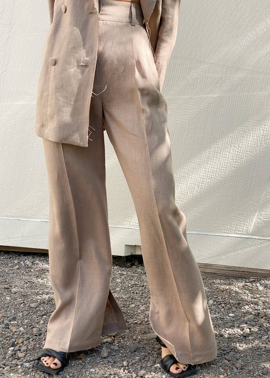 LYNA Wide High-waisted Linen Trousers - Latte