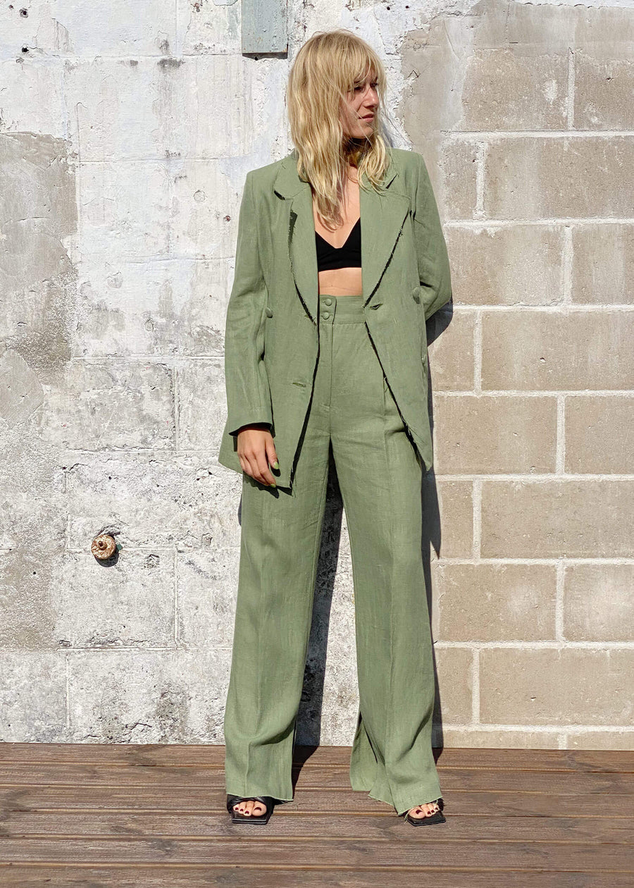 LINNEA Oversized Linen Blazer - Olive green