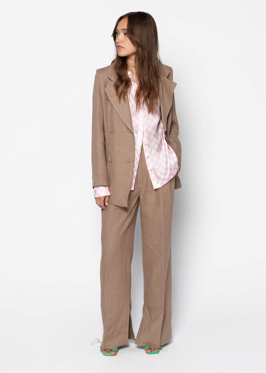 LYNA Wide High-waisted Linen Trousers - Latte