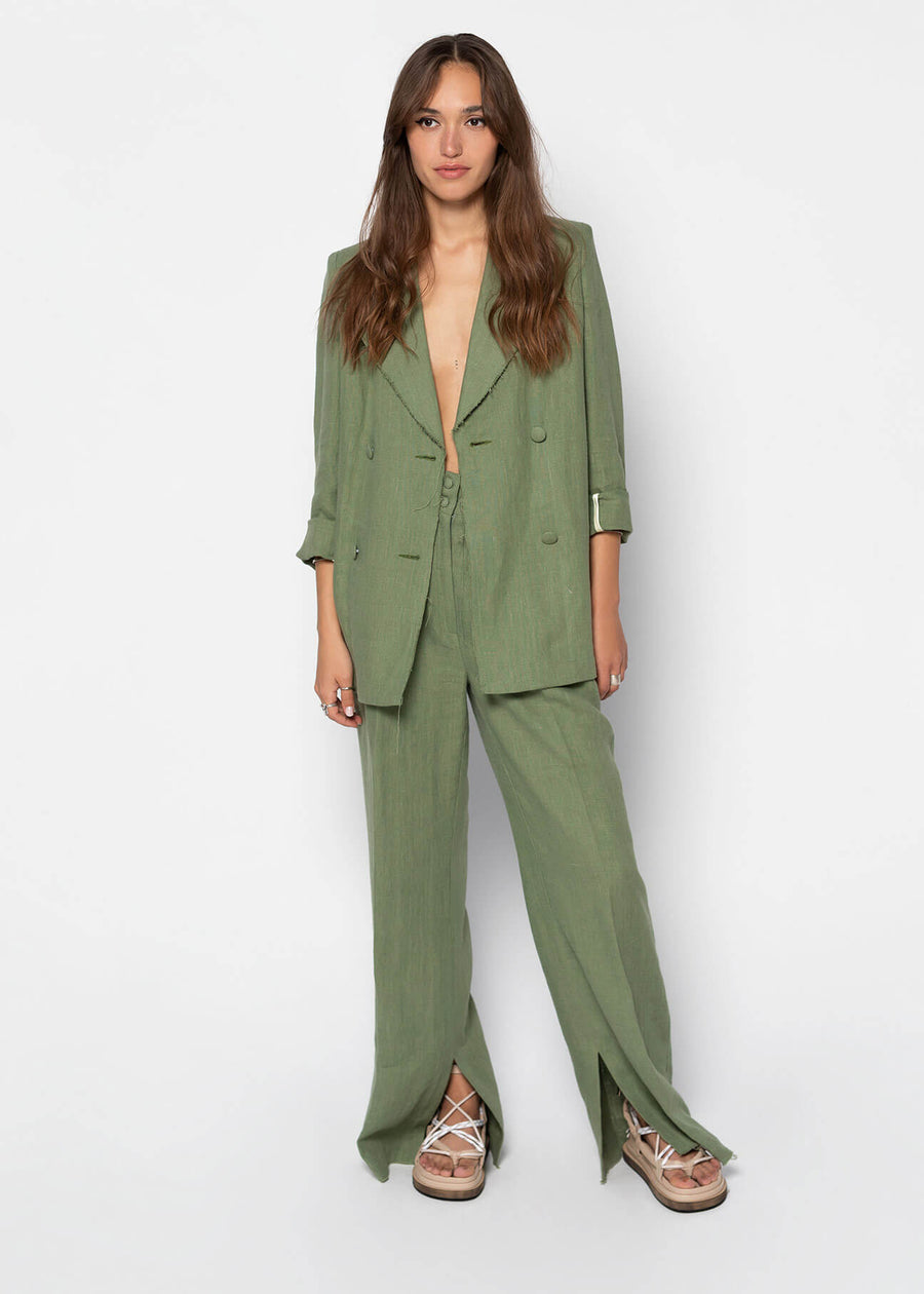 LINNEA Oversized Linen Blazer - Olive green